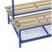 The photo shows a sleek blue Evolve Duo Shoe Rack by Slingsby Cloakroom Furniture, measuring 1500mm. It has multiple tiers and shelves for storing shoes. The design is modern and functional, perfect for any entryway or closet space.