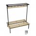 This image features the Slingsby Cloakroom Furniture Evolve duo bench with a mesh top shelf. The bench measures 2000 x 800mm and is equipped with 20 hooks, 2 uprights, and a silver finish. The bench is designed for use in a cloakroom or changing area.