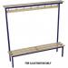 This photo features a sleek and modern Slingsby Cloakroom Furniture Evolve solo bench with a wood top shelf measuring 3000 x 400mm. It has 14 hooks and 3 uprights, and is designed in a vibrant blue color.