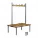 This photo features a sleek and contemporary Slingsby Cloakroom Furniture Club duo changing room bench, perfect for any modern changing room. The dual bench design offers ample seating space and the dark wood finish adds a touch of sophistication.