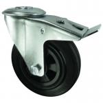 Medium Duty Single Hole Fixing Pressedsteel Braked Swivel Castor, 80 mm Rubber Tyred Wheel 400216