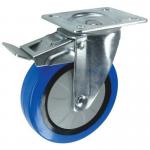 Light to Medium Duty Plate Fixing Pressedsteel Braked Swivel Castor, 125 mm Blue Rubber Tyred Wheel 400258
