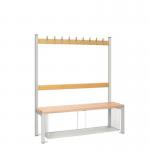 Single Sided Island Seating. 1200 mm Length,9 Hooks. Beech Wood Slats, Mesh Shoe Tray, Grey Frame 404109