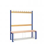 Single Sided Island Seating. 1200 mm Length,9 Hooks. Mesh Shoe Tray, Dark Blue Frame 404110