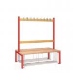 Single Sided Island Seating. 1200 mm Length,9 Hooks. Beech Wood Slats, Mesh Shoe Tray, Red Frame 404111