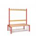 Single Sided Island Seating. 1200 mm Length,9 Hooks. Beech Wood Slats, Mesh Shoe Tray, Red Frame 404111