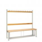 Single Sided Island Seating. 1500 mm Length,12 Hooks. Beech Wood Slats, Mesh Shoe Tray, Grey Frame 404112