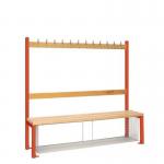Single Sided Island Seating. 1500 mm Length,12 Hooks. Beech Wood Slats, Mesh Shoe Tray, Red Frame 404114