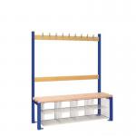 Single Sided Island Seating. 1200 mm Length,9 Hooks. 8 Mesh Shoe Baskets, Dark Blue Frame 404116