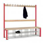 Single Sided Island Seating. 1500 mm Length,12 Hooks. 10 Mesh Shoe Baskets, Red Frame 404120