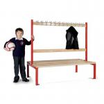 Double Sided Island Seating. 1200 mm Length, 18 Hooks. Beech Wood Slats, Red Frame 404123