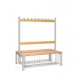 Double Sided Island Seating. 1200 mm Length,18 Hooks. Beech Wood Slats, Mesh Shoe Tray, Grey Frame 404127