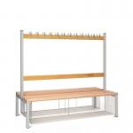 Double Sided Island Seating. 1500 mm Length,24 Hooks. Beech Wood Slats, Mesh Shoe Tray, Grey Frame 404130