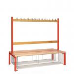 Double Sided Island Seating. 1500 mm Length,24 Hooks. Beech Wood Slats, Mesh Shoe Tray, Red Frame 404132