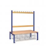 Double Sided Island Seating. 1200 mm Length,18 Hooks. 16 Mesh Shoe Baskets, Dark Blue Frame 404134