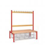 Double Sided Island Seating. 1200 mm Length,18 Hooks. 16 Mesh Shoe Baskets, Red Frame 404135