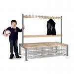 Double Sided Island Seating. 1500 mm Length,24 Hooks. 20 Mesh Shoe Baskets, Grey Frame 404136