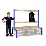Double Sided Island Seating. 1500 mm Length,24 Hooks. 20 Mesh Shoe Baskets, Dark Blue Frame 404137
