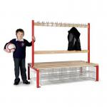 Double Sided Island Seating. 1500 mm Length,24 Hooks. 20 Mesh Shoe Baskets, Red Frame 404138