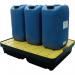 The image shows a selection of Slingsby drum containers and accessories, including spill trays, numbered 405057. The containers and trays are neatly arranged in rows, with varying sizes and designs for different storage needs. Some are open-topped, while others have lids and locking mechanisms. The overall image is organized and professional, showcasing the variety and functionality of Slingsby products.
