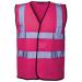 The photo shows three slingsby high visibility vests in bright neon colors. Each vest has reflective strips running across the front and back, ensuring high visibility in low light conditions. The vests have adjustable straps and are worn over clothing.
