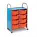 The photograph showcases Gratnells Shallow Tray Cupboards and Gratnell Callero mobile tray storage trolleys. The cupboards are organized and filled with shallow trays, while the trolleys stand nearby, ready to be moved for convenient storage. The bright colors and sturdy construction are evident in the crisp image.