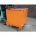 The photo shows two Slingsby mobile bottom emptying forklift skips with large capacity bins. The bins are firmly attached to the forklift and are being emptied with ease, ready for the next task. The efficient design allows for quick and convenient waste removal.