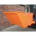 The photo shows a slingsby low level forklift tipping skip with a large 1.0m³ capacity. The skip has an automatic tipping mechanism and is designed for heavy-duty use. The durable construction and efficient design make it ideal for industrial settings.