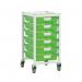 The picture features a set of premium white shallow tray cupboards by Slingsby, displaying transparent trays filled with various items. The low level A4 mobile racks are easily accessible and provide organized storage.