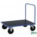 The picture shows two heavy duty platform trucks from Slingsbys Konga series. They have a single ended handle and are equipped with brakes for added safety. These reliable and sturdy trucks are ideal for a variety of industrial or commercial settings.