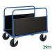 The picture shows two Slingsby platform trucks in the Konga heavy duty model. The trucks have a double-sided design and are equipped with brakes. The trucks have a sleek and sturdy appearance with a large platform for transporting heavy items.