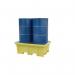 In the photo, a slingsby Drum Container with 4-way forklift access can be seen. It has a sump pallet to hold 2 drums and is equipped with necessary accessories. The container has a sturdy build and is designed for efficient transportation and storage of drums.