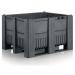 The photo shows a slingsby industrial pallet box with 3 runners. The sturdy construction and strong wooden pallets are clearly visible, providing an efficient storage solution for heavy goods. The box is designed to easily slide onto warehouse shelves for convenient storage and organization.