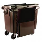 The photograph shows a black Slingsby Large Capacity Bin with four wheels and a drop-down front. It has a 770L capacity and is perfect for organizing and storing large amounts of waste or recycling materials. The bin appears durable and functional, with a spacious design that can easily accommodate a variety of items.