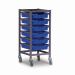 This photograph captures a Gratnells shallow tray cupboard with a single column and adjustable mobile trolleys. The cupboard is filled with trays in various sizes, providing ample storage space.