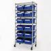 Mobile chrome plated steel wire shelving with blue bins 429385