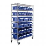 Mobile chrome plated steel wire shelving with blue bins 429386