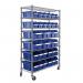 Mobile chrome plated steel wire shelving with blue bins 429386