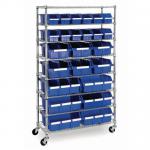 Mobile chrome plated steel wire shelving with blue bins 429387
