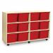 Quad Column Mobile Storage Unit- Beech Effect with 12 Triple Sized Red Trays 437658