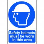 Self adhesive semi-rigid PVC Safety Helmets Must Be Worn In This Area Sign (200 x 300mm). Easy to fix; peel off the backing and apply.
