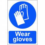 The image shows a collection of Spectrum Industrial PPE signs, specifically the Wear gloves sign made from 1.2mm recyclable PP material. The signs dimensions are 200 x 300mm, and the product code is 0003. The sign is brightly colored with bold text and graphics, clearly indicating the need for individuals to wear gloves in the designated area. The material is durable and eco-friendly, making it a suitable choice for any industrial setting.