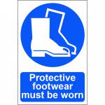The photo displays a durable Spectrum Industrial PPE sign, measuring 200 x 300mm. It features bold black lettering on a white background, indicating the requirement for protective footwear to be worn in the designated area. Made from 1.2mm recyclable PP material, this sign is both eco-friendly and essential for promoting workplace safety.