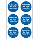In the picture, there is a Spectrum Industrial Fire Safety Sign with bold red text reading Automatic fire door Keep clear. The sign is made of 1.2mm thick recyclable PP material and measures 200 x 300mm. The background is a clean white with black borders and graphics. It is designed to be easily noticed and clearly convey the important safety message.
