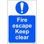 The picture shows a Spectrum Industrial Fire Safety Sign featuring the words Fire escape Keep clear in bold lettering. Made of 1.2mm recyclable PP material, this sign measures 200 x 300mm. The background is yellow and the text is in contrasting black. The sign is clearly visible and has a clean, professional look.