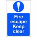 The picture shows a Spectrum Industrial Fire Safety Sign featuring the words Fire escape Keep clear in bold lettering. Made of 1.2mm recyclable PP material, this sign measures 200 x 300mm. The background is yellow and the text is in contrasting black. The sign is clearly visible and has a clean, professional look.