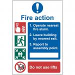 The photo shows a fire safety sign from Spectrum Industrial, specifically detailing the fire action procedure. Made of 1.2mm recyclable PP, the sign measures 200 x 300mm. The sign is designed to be highly visible and informative in case of a fire emergency. The white background with bold red and black text is easily readable and eye-catching. The sign also features clear graphics to aid in understanding the necessary steps to take in case of a fire. Overall, the sign is an important safety measure for any industrial setting.