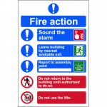 This picture shows a Spectrum Industrial Fire Safety Sign for Fire action procedures. Made of 1.2mm recyclable PP, it measures 200 x 300mm and features the number 0178. The sign provides clear instructions for fire safety procedures in industrial settings, using bold text and easy to understand graphics.