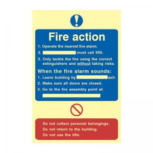 Fire Action Procedure Sign, 1.3mm Rigid Self Adhesive Photoluminescent