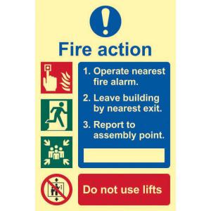 Fire Action Procedure Sign, 1.3mm Rigid Self Adhesive Photoluminescent